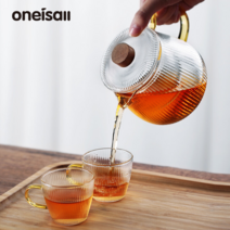 ONEISALL 골지 티포트 티팟세트 직화내열 다구 이지그립 내열유리 1세트, 600ml+컵 2개