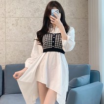 여성 우아한 체크 단추나시티 연말 파티 데이트룩