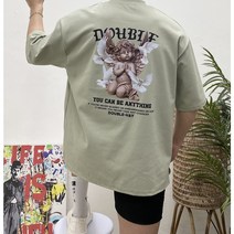 남녀공용 오버핏 아기 천사 프린트 분또 반팔 티셔츠 / 3color