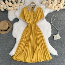허리 밴딩 단추 A라인 롱 플리츠 카라 원피스 플레어 반팔 20대 대학생 데이트룩 캠핑룩