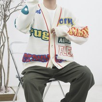 화사한 봄 가을 간절기 비대칭 컬러 레터링 울 오버핏 남자 니트 가디건 3컬러