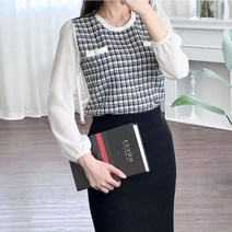 다잇템 여자 출근룩 트위드 격자 진주 블라우스 (8990726)