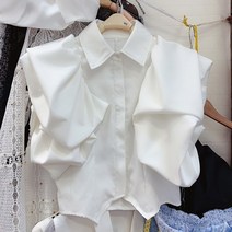 블라우스 짧은소매 쉬폰 셔츠 여성 2019여름시즌 뉴타입 루즈핏 벌룬소매 짧은타입 감각디자인 개성 상의 유행