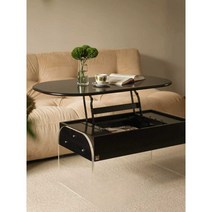 모던블랙 리프트업 거실테이블 라운드형, 블랙