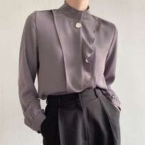 겨울 여성 반 하이넥 반폴라 프릴 랩 긴팔 블라우스 셔츠 폴리 정장 하객 그레이 아이보리