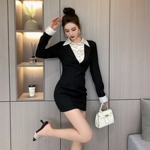 순욕풍 스커트 패치워크 투피스 긴팔 원피스녀