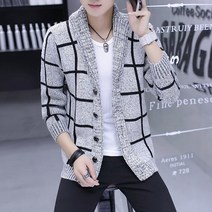 FANSYLI 추동 가디건 스웨터 남자 슬림 터틀넥 체크 니트 아우터 상의 8D