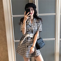 체크원피스 SHANBEN스타일 체크 원피스 허리밴딩 날씬해보이는 여름 프랑스타입 빈티지 주름치마 칼라넥 A라인스커트