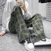 코듀로이 남성 조깅 바지 남성 봄 가을 련된 홍콩 스타일 녹색 격자 무늬 바지 스트레이트 튜브 빈티지 바지