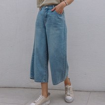 로로텐 8부 와이드 청바지 워싱 밴딩 데님 키작녀 통바지 여성 빅사이즈