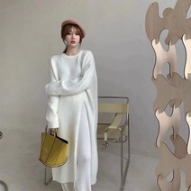 코듀로이원피스 겨울 롱 니트 빅사이즈 니트 원피스 드레스 여성용 루즈 레이지 헤징 사이드 슬릿 무릎 위