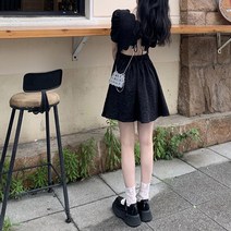 에이라인 원피스 프렌치 티 멈추다 작은 키커 보이는 허리보정 등트임 블랙 벌룬소매 점프슈트 여성 순욕 4998696070