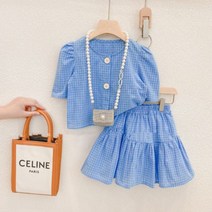 시원한~잔무늬 체크 블루컬러 소매퍼프 포인트 여아 영유아 어린이 데일리 투피스 상하복 세트(100-140 사이즈) 등원룩 자매룩 자매커플룩 추천