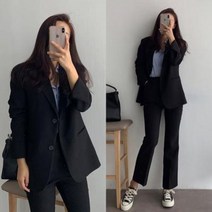 캐주얼정장 오피스룩정장 정장 여대생 블레이저 코트 여한판 박시한 정장직업세트 블랙
