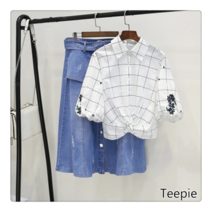 티피/Teepie 새로운 여성 캐주얼 데님 스커트 자수 체크 무늬 셔츠 투피스 슈트 스커트