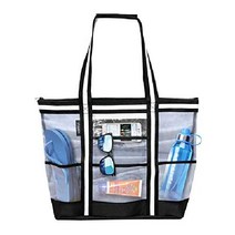 벌켄 38L 라지 메쉬 비치백. 9 포켓 다목적 토트 백 숄더백, 검은색