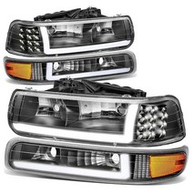 Auto Dynasty LED DRL 헤드라이트 어셈블리 및 범퍼 램프 4개 쉐보레 실버라도 서버번 1500 2500 3500 타호 99-06과 호환 운전석 조수석 측 블랙, Black/ Amber