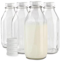 Stock Your Home Liter 뚜껑이 있는 유리 우유 병 (4팩) 946.4ml(32온스) 저그 및 화이트 캡 8개 냉장고 주스 귀리 또는 식물성 우유 물 꿀용, 32 oz, 4