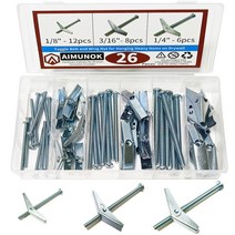 AIMUNOK 모듬 26피스 토글 볼트 및 너트 키트 무거운 항목 건식 벽체-1/8 인치 3/16Inch 1/4, 한개옵션0