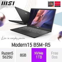 MSI 모던시리즈 모던15 B5M-R5 - AMD 라이젠5 15인치 휴대용 대학생 인강용 문서작업 재택근무용 휴성좋은 노트북, Free Dos, 8GB, 1TB