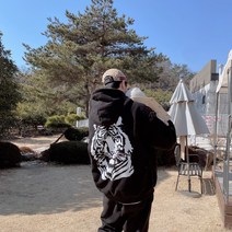 남자 봄 가을 오버핏 호랑이 빅사이즈 프린팅후드 트레이닝 세트 코디 커플 트레이닝 셋업 캠핑룩 4XL