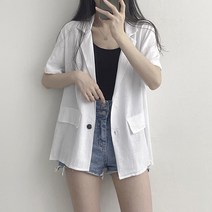 리리의감각 여성용 루즈핏 린넨 반팔 카라 무지 하프 자켓