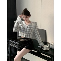 배색 체크 긴팔 숏 코트 와이드 디자인 느낌 블랙 반바지