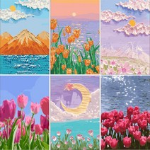 아트미니 24종택1 유화그리기 벚꽃 일출도 바다 후지산 풍경 캔버스 대형 수채화 그림그리기, 60x75 컬러 밑그림, M