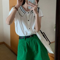 잇츠스타일 여성 배색 유니크 카라 크롭 반팔 데일리 심플 단색 셔츠 블라우스