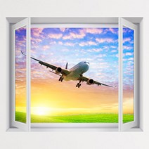 [비행기그림시트지] 꾸밈 cu007-비행기의꿈창문그림액자(중형) 액자, 1-석양-A타입-내부창문형