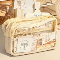 트루픽 투명 스퀘어 대용량 필통 파우치 문구 PVC 친구 생일선물 필기구 가방 화장품 보관 포카수납, 아이보리+블루