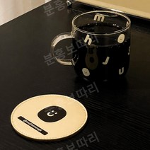 크림 옐로우 알파벳 스마일 프린팅 투명 내열 유리컵 330ml, 물컵 + 코스터 세트
