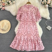 여름 후크 꽃 자수 구멍 뚫린 여성 드레스 스탠드 칼라 랜턴 슬리브 바닥이 있는 서스, Pink 08+M