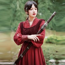가을 새로운 중국 요소 레트로 중국 스타일 기사상 여성 투피스 세트 손으로 칼라 개선 한 의류 드레스