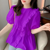 쩐쿠 여름 여성 라운드넥 반팔 빅사이즈 칼라별 블라우스 8089