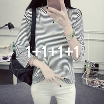 1+1+1+1 도앙뜨 여성용 마카롱 라운드넥 쫀쫀 단가라 스트라이프 긴팔 티셔츠 4가지컬러 몽땅!!