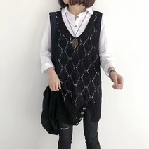 롱 니트 조끼 베스트 레이어드 펀칭 언발런스 미시 학생 캐주얼 간절기 데일리룩, 그레이