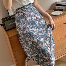 봄 여름 허리 밴딩 폴리 차들 차들 플라워 꽃무늬 패턴 A라인 롱 스커트 롱 치마