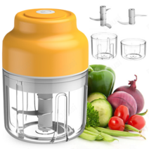 미니 다지기 야채 고기 이유식 무선 전동 마늘파쇄기 3중칼날 대용량250ml + 100ml용량 컵 + 2중칼날, 노란색