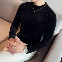멋쟁이 개성 긴팔 티셔츠 남성 인플루언서 상의 벨벳 스키니 반폴라 레오파드 레깅스 봄옷, XL, XS61블랙