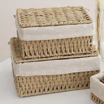 내일의공간 커버 꼬임로프 뚜껑 라탄바구니 중형+대형 2종 세트, 네츄럴