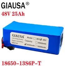 전기자전거배터리 밧데리GIAUSA 48V 25ah 13s6p 리튬 배터리 팩 30AH 2000W 전기 자전거 50A BMS T 플러그, 1개