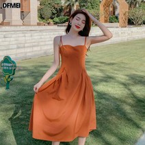 DFMEI 프렌치 기질 볼륨 A라인 스커트 허리 조임 날씬해 보이는 나시 원피스 스커트 미디 스커트