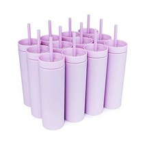 STRATA CUPS Periwinkle 뚜껑과 빨대가 있는 스키니 텀블러 (12팩) 473 2ml(16온스) 이중벽 아크릴 톨 매트 무료 빨대 클리너가 벌크 재사용 가능한 컵 미, 라일락