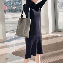 데일로엔 여성용 하이 넥 소매 컬러 배색 원피스