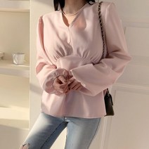 여자 엠파이어 셔링 페플럼 긴팔 블라우스