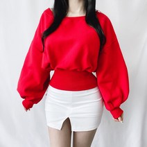 지퍼 백트임 벌룬 맨투맨 4color 레드 빨강 겨울 기모 따뜻한 속기모 가오리핏 허리잘록 퍼프소매 오프숄더 크리스마스룩