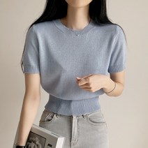 작은방 파스텔톤 여름 라운드 베이직 크롭 반소매 니트 5컬러