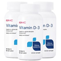 GNC 비타민 D-3 50mcg 2000IU 글루텐 프리 타블렛, 180개입, 3개
