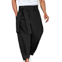 남자통바지 9부 체크무늬 와이드 캐주얼 바지 솔리드 컬러 레이스 업 허리 벨트 Bowknot Loose Cropped Trousers 가을n Wide Leg Pants